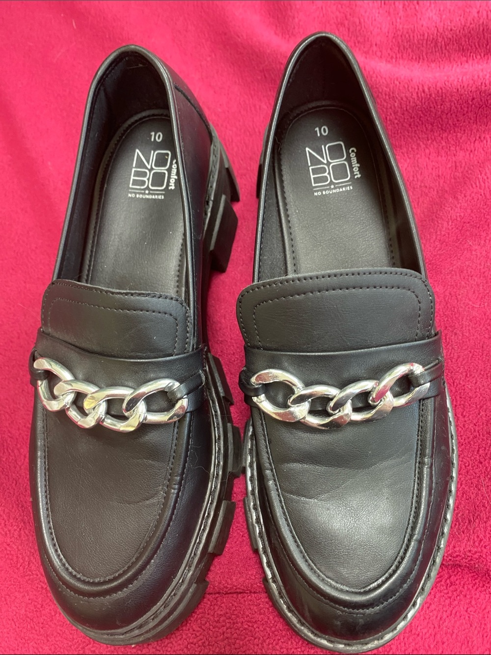 No Boundaries Black Faux-Leather Loafers with Silver Chain